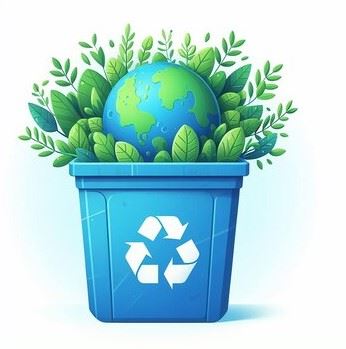 Blue Recycle Bin with Plants and Earth