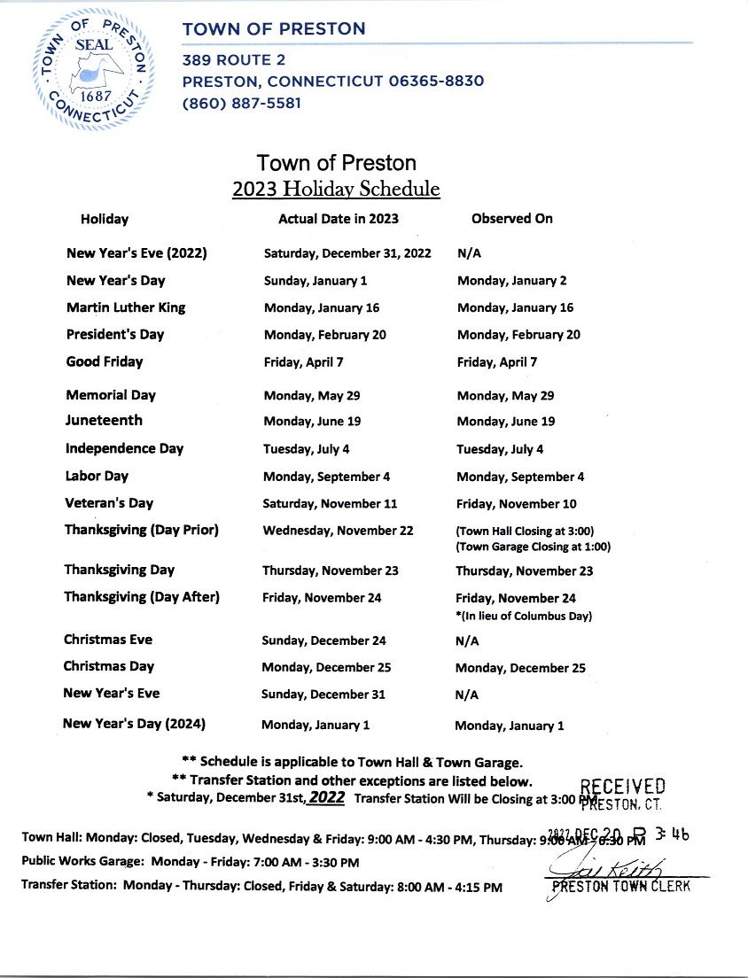 2023 Town of Preston Holiday Schedule