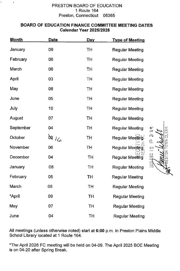 BOE Finance Committee Calendar 2026